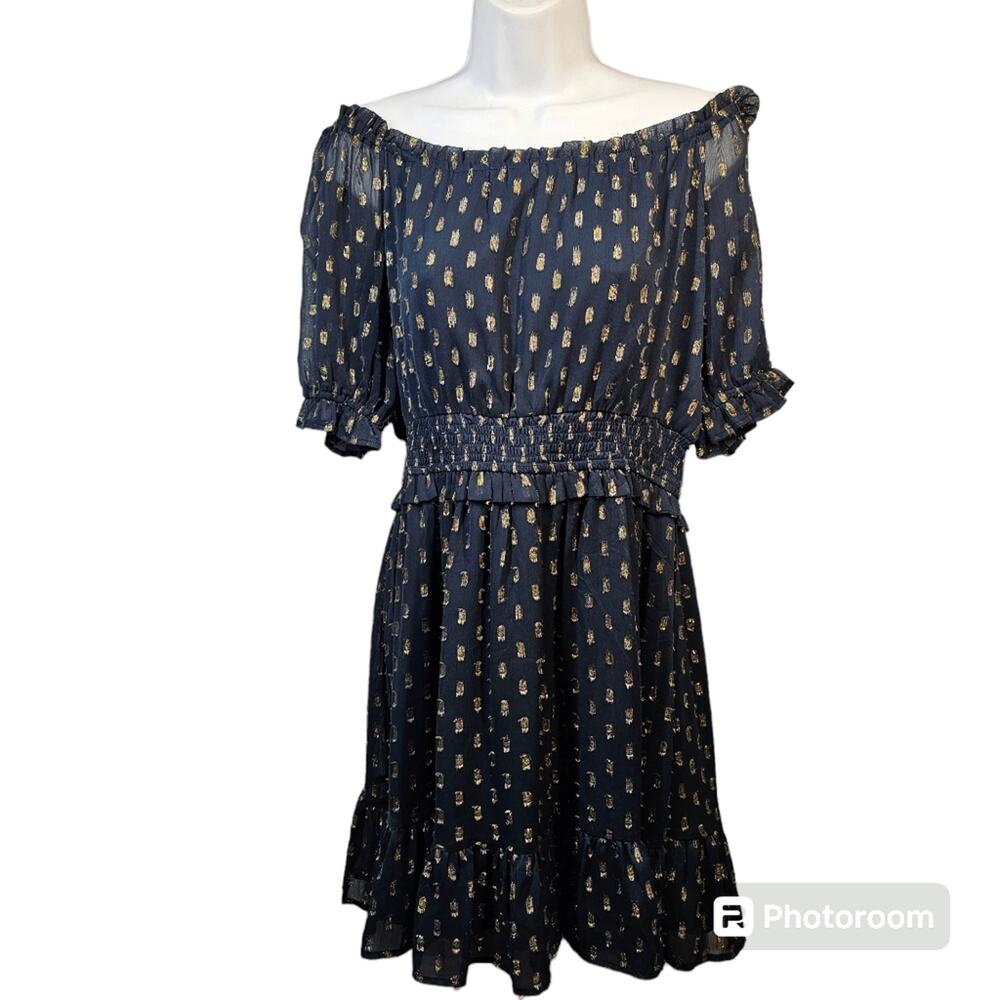 Lulu's Navy Off-Shoulder Mini Dress with Gold Print